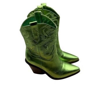 Billini Metallic Green Cowboy Boots Women Size 7 Western Ankle Pointed Toe